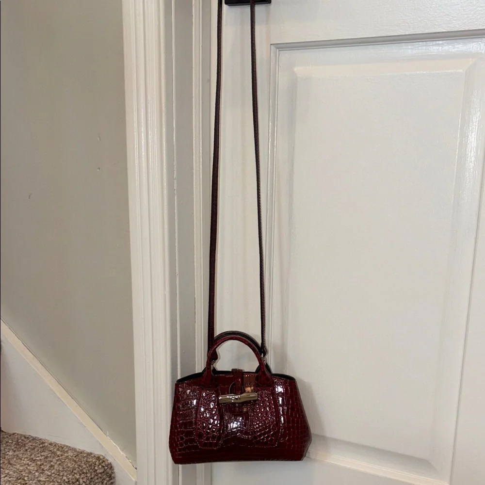 Longchamp XS Roseau Croc-Embossed Burgundy Top-Handle Satchel Crossbody Bag - Picture 14 of 15